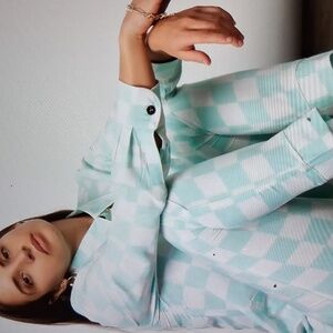 Patiini Bamboo Rayon Checkered Teal Long Sleeve Lounge Set With Eye Mask New